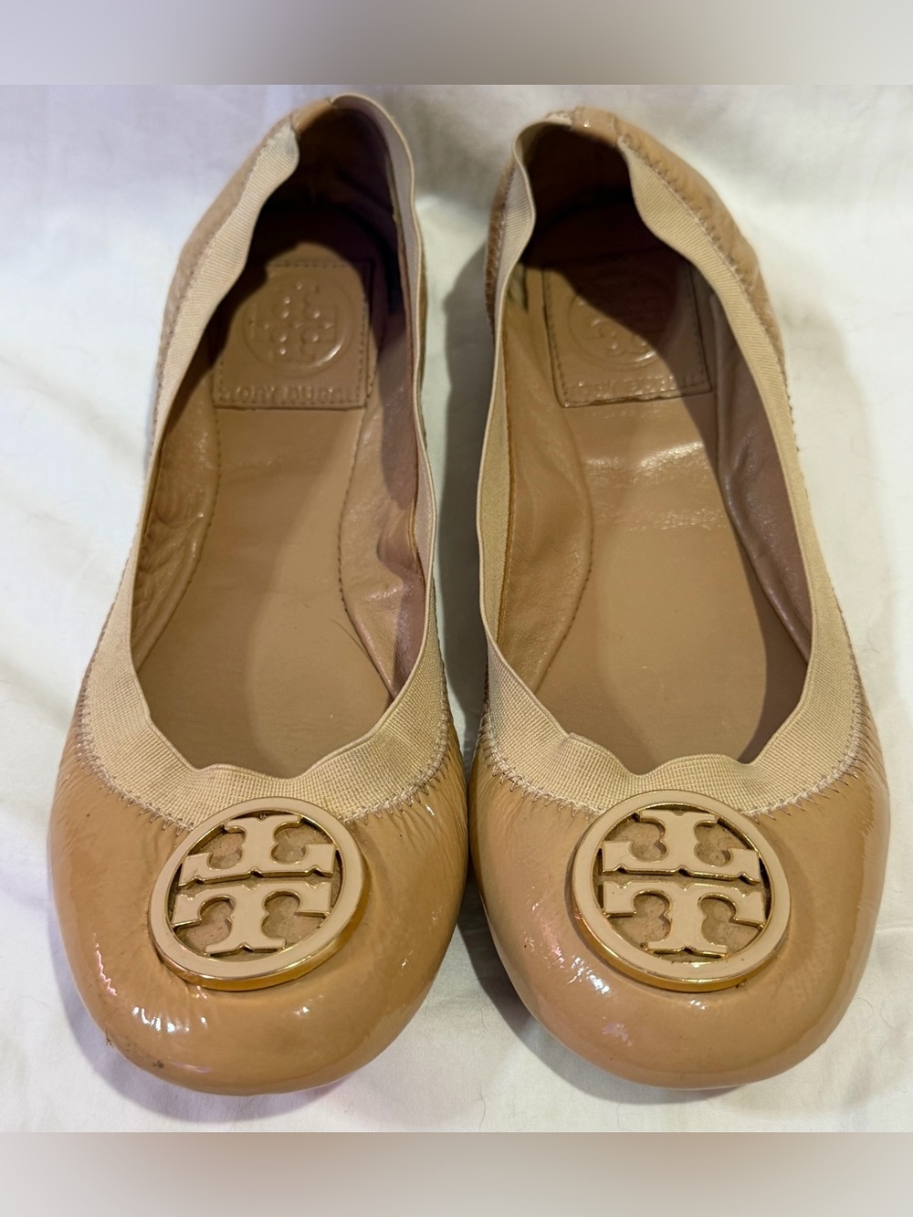 Tory Burch Reva Ballet Flats Womens 7M Nude Patent Leather Logo Shoes